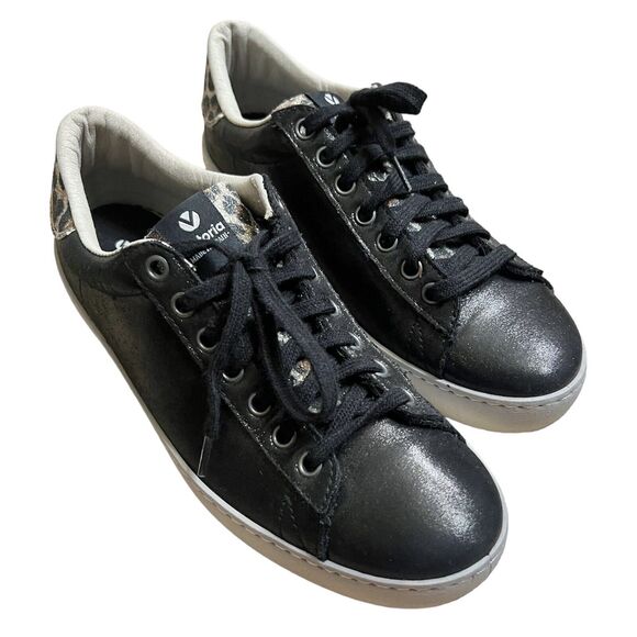 Victoria Leather Black Metallic Leopard Sneakers Sz 39 US 8 Made in Spain - Picture 2 of 7